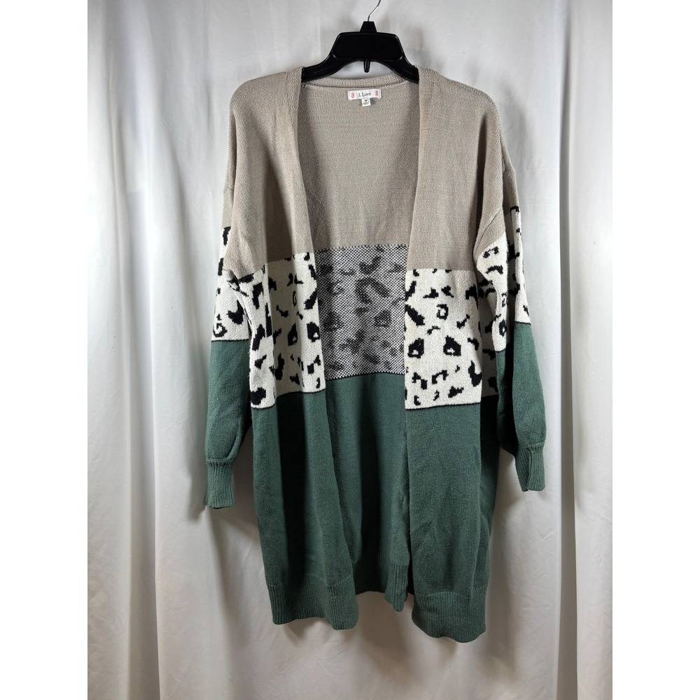 L Love Women Colorblock Leopard Print Open Front Longline Cardigan Sweater  M